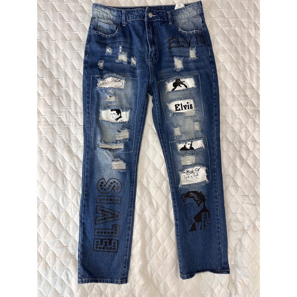 Elvis Presley Graphic Distressed Jeans Blue Excellent Rock